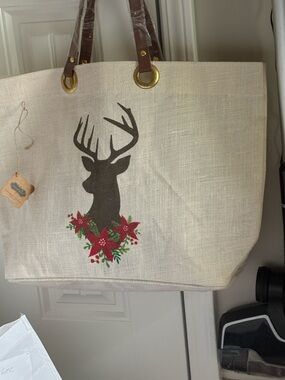 Festive Deer Canvas Tote with Brown Faux-Leather Handles